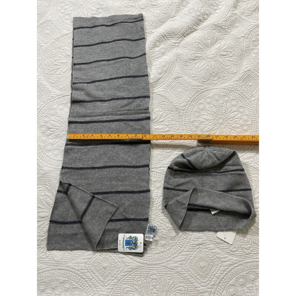 Gray Striped Knit Scarf & Beanie Set Angora Wool Cashmere Blend Unisex